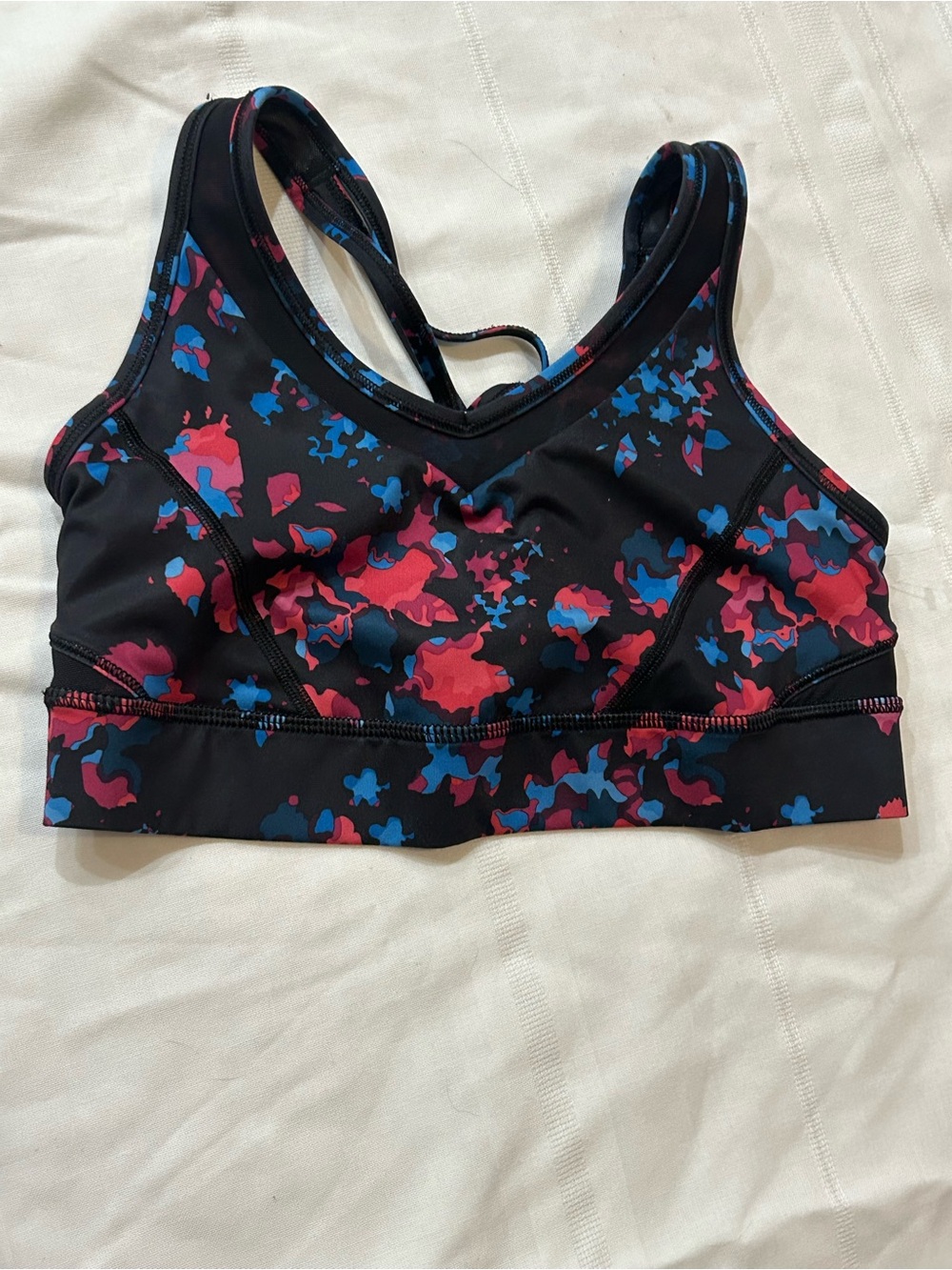 lululemon athletica Black Sports Bra with Pink & Blue Abstract Print.